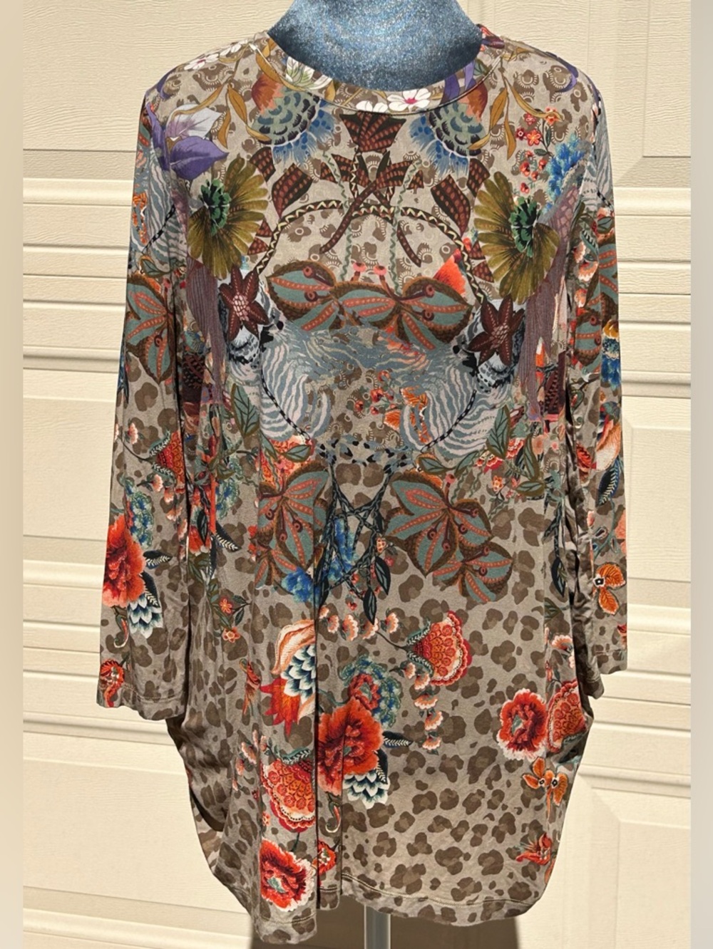 Johnny Was Multicolor Floral & Leopard Print Long Sleeve Top